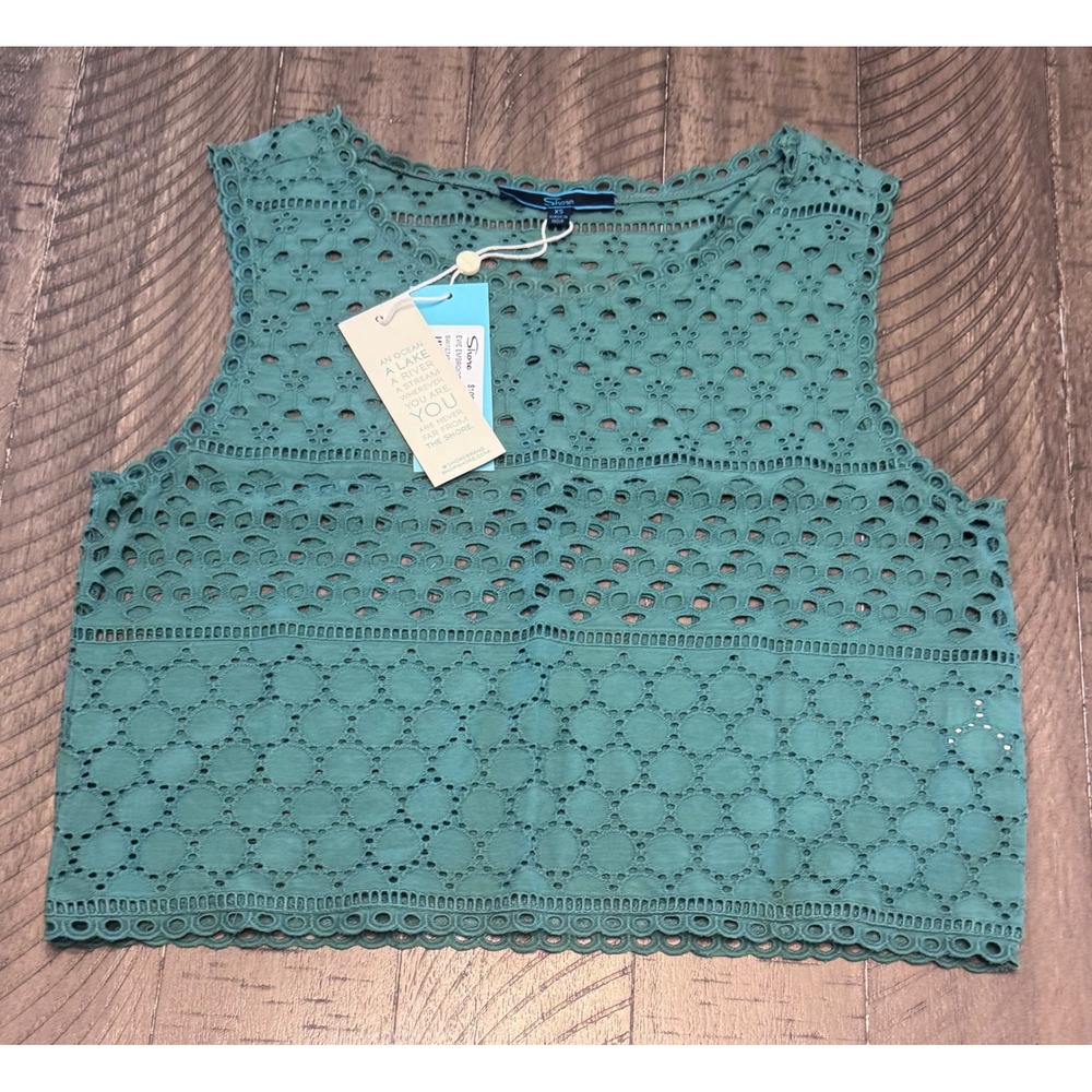 Shore Brand Evie Embroidered Eyelet Crop Top Teal Green Cotton XS NWT